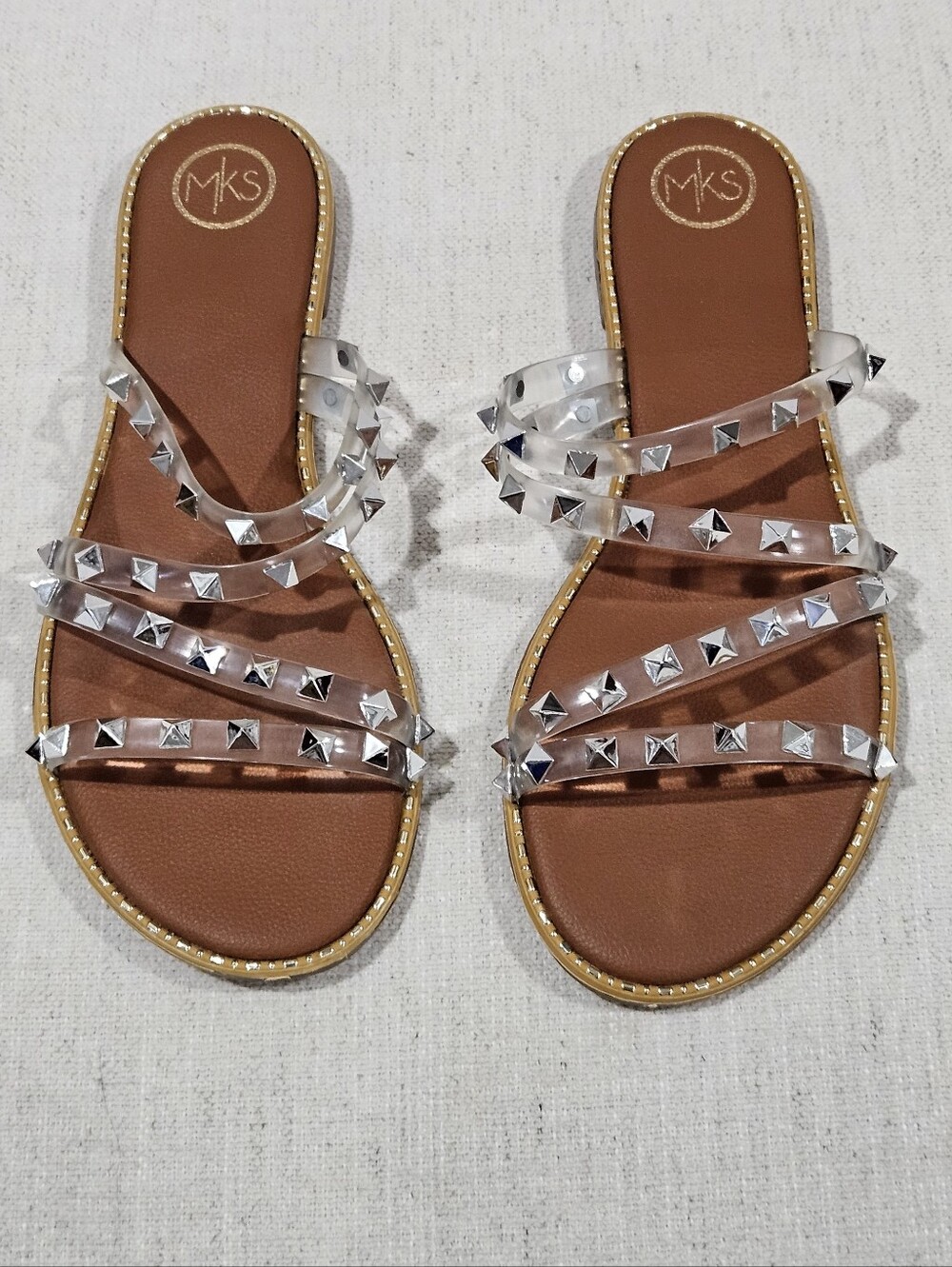 Clear Pyramid-Stud Slide Sandals in Brown